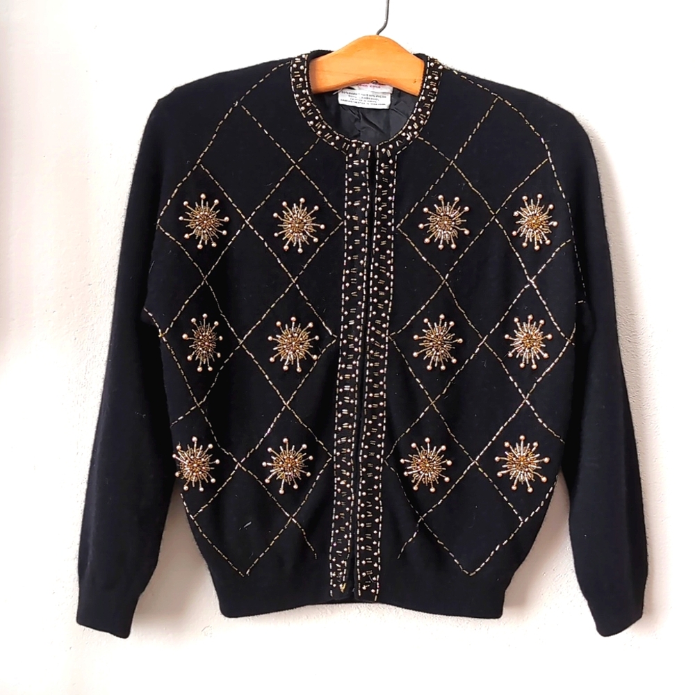 Vintage Hand Beaded Wool Cardigan, XS/S
